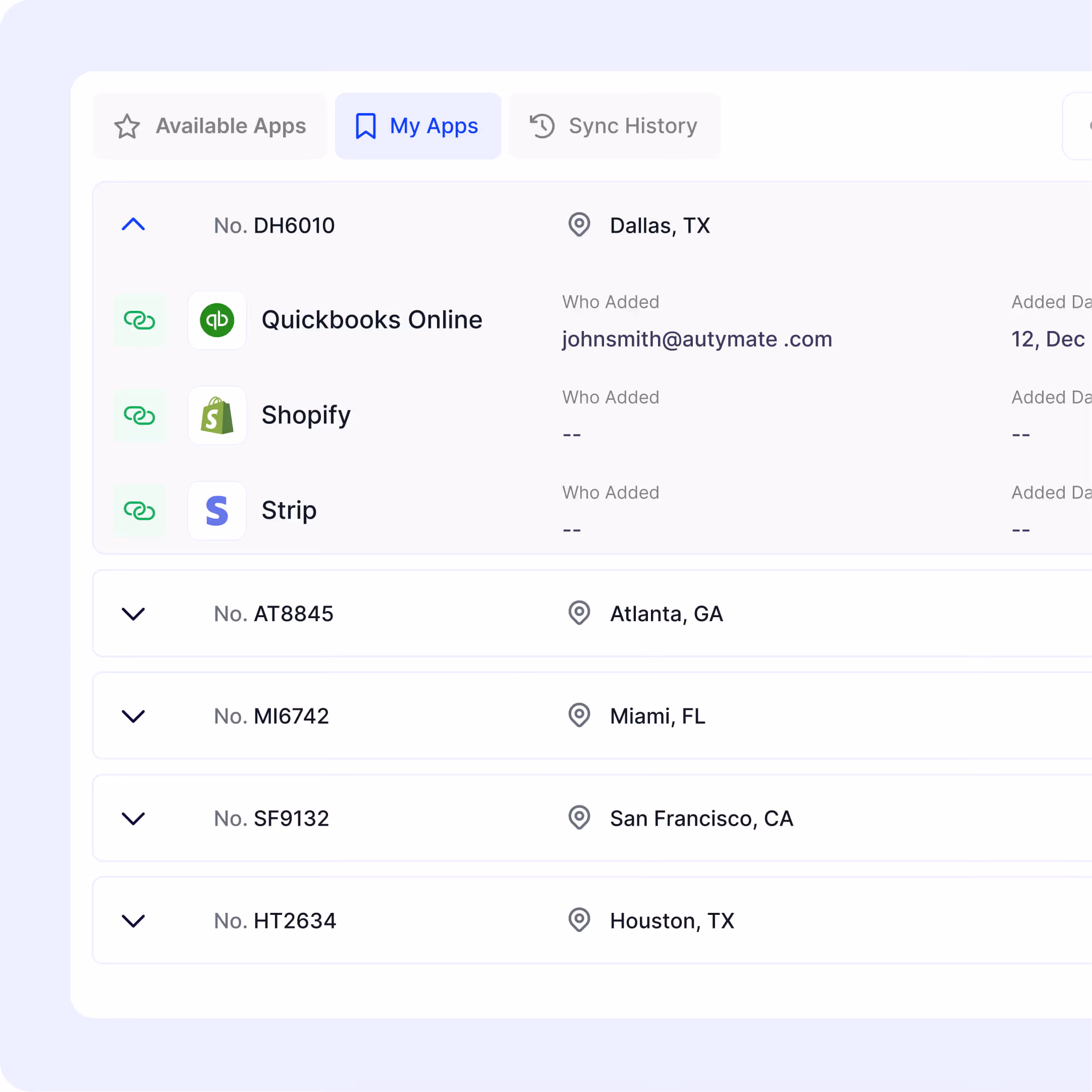 Autymate app connection dashboard showing QuickBooks, Shopify, and Stripe linked across multiple franchise locations