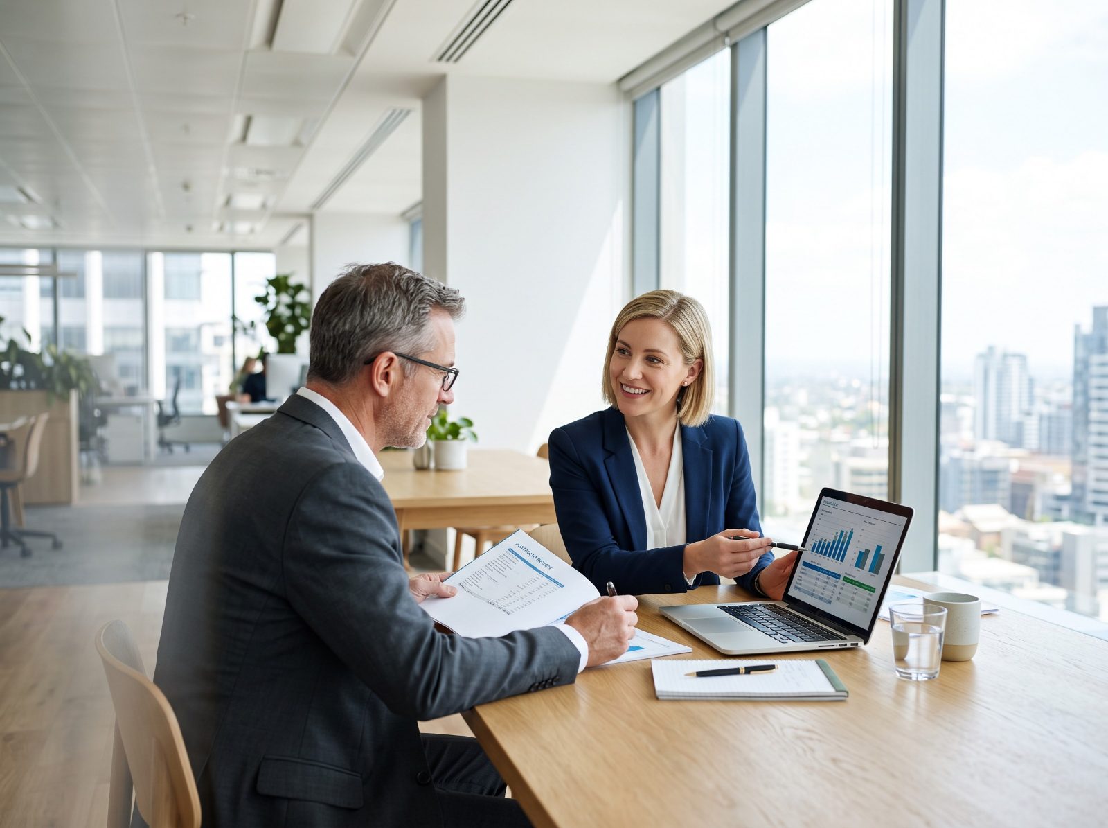 Financial advisor reviewing performance figures with a client