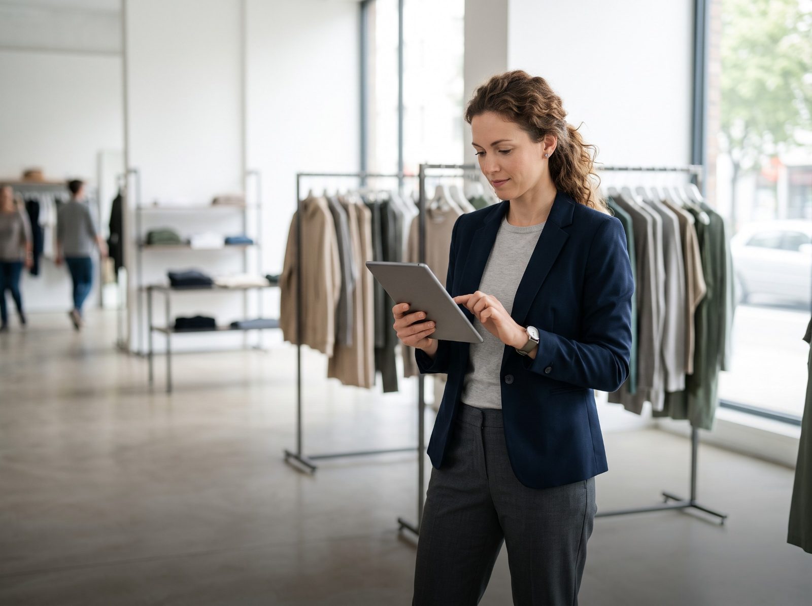 Retail manager reviewing inventory on a tablet on the shop floor